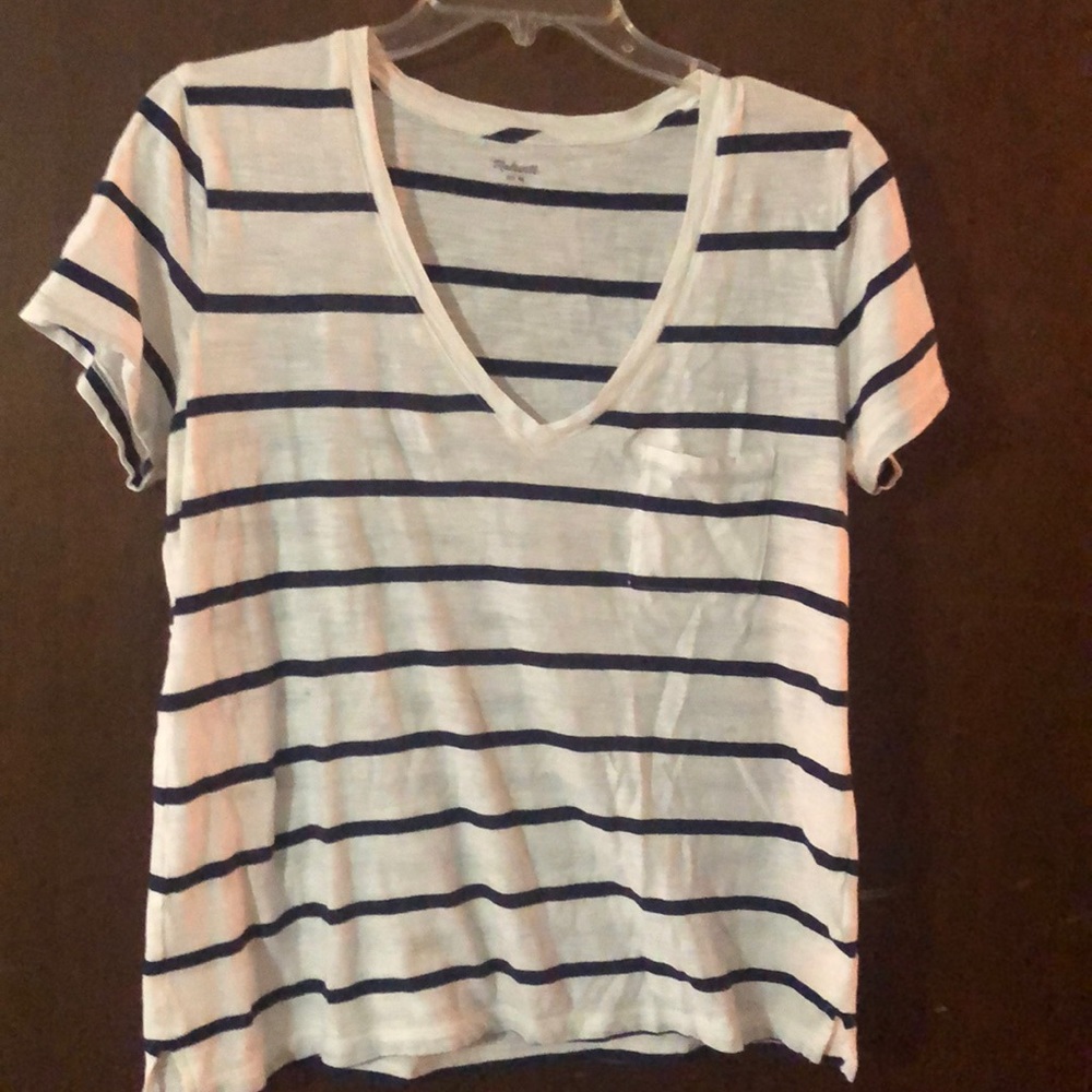 Madewell black and white stripe v-neck tshirt.